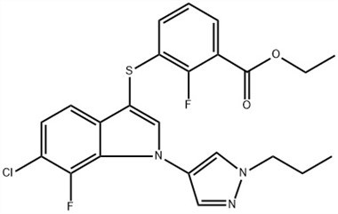 بینزوک ایسڈ، 3-[[6-کلورو-7-فلورو-1-(1-پروپیل-1H-pyrazol-4-yl){ {8}H-indol-3-yl]thio]-2-fluoro-, Ethyl Ester (ACI) CAS نمبر: 1782070-73-8